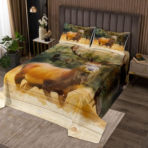 Elk Deer Coverlet Set Chic Rustic Farmhouse Wildlife Animals Quilted Coverlet Trees Vintage Old Plank Style Comforter Set Bedspreads Quilt Set for Children Kids Coverlet Set,Twin Size 2 Pcs