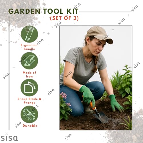 Image of Sisq Premium 3-Piece Gardening Tools Set - Hand Cultivator, Trowel & Garden Fork | Durable Steel with Ergonomic Grip | Perfect for Home, Terrace & Outdoor Gardening for Kids & Adults