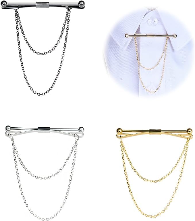 CHUNNIAN3 PCS Shirt Clip Tie Holder, Shirt Necktie Clip, Men's Necktie Clip with Chain, Men's Suit Accessory for Wedding Anniversary Business Lifeamicia,Spill Per Cravatta Da Uomo,Con Catenina,Accessori Per