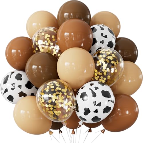Adeyoo Blush Brown Balloons - 12 Inch Cowboy Balloons with Cow Print Balloon Tan Coffee Brown Nude Gold Confetti Latex Balloon for Cowboy Cowgirl Birthday Farm Theme Party Decorations