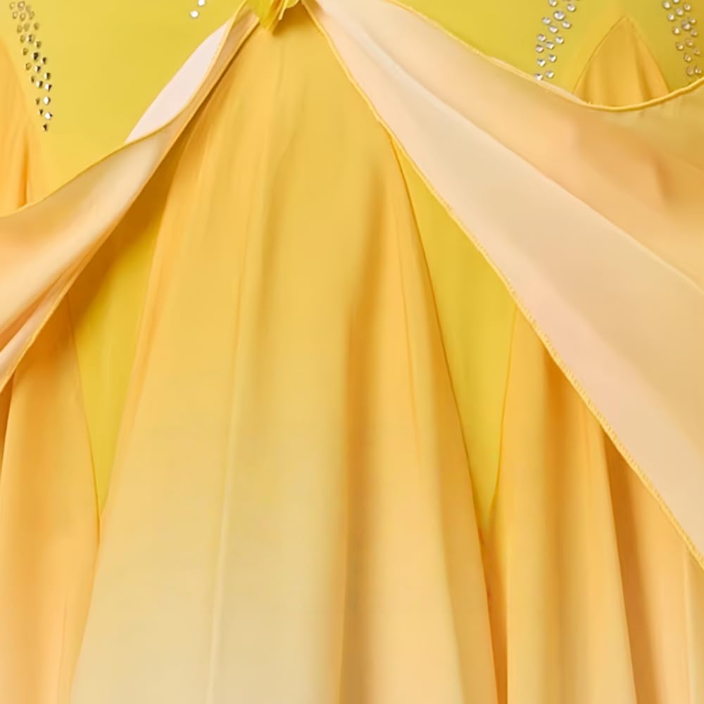 Damen Ballroom Turnierkleid, Elegantes Langarm Tanzkleid Mit V-Ausschnitt, Strass Und Fließendem Chiffonrock Mit Farbverlauf Für Walzer Tango Foxtrott