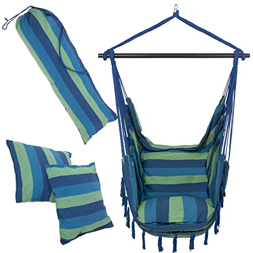 VITA5 Silla Colgante con 2 Cojines - Portavasos y Compartimento para Libros - Sillon Colgante XXL - Carga hasta 225 kg - Silla Hamaca Colgante para Interior y Exterior (jardín) (Azul/Verde)