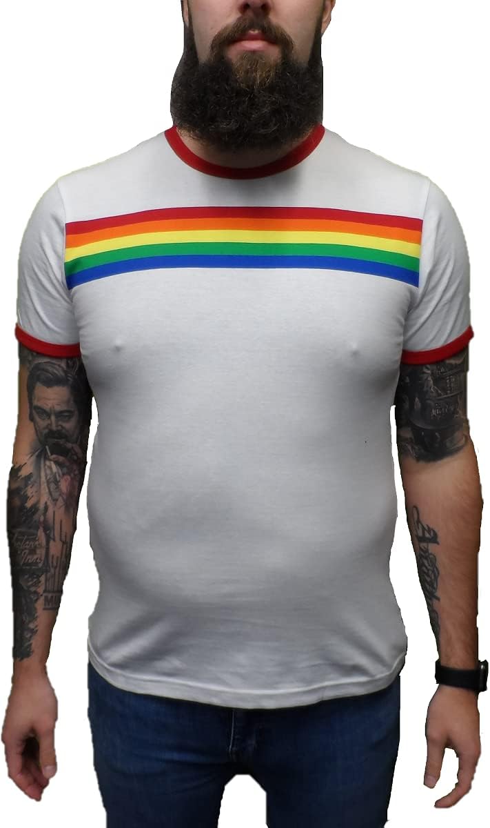 MazeysMens Retro Mod 60s Indie Rainbow Striped T Shirt