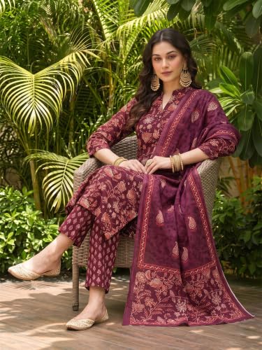 Image of Vaamsi Women's Floral Printed Straight Kurta Pant With Dupatta Set | kurta sets for woman