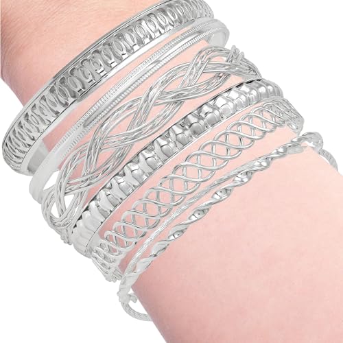 GUESS Silvertone 7-Piece Textured Bangle Bracelet Set3