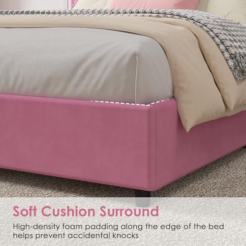 Image of VECELO Full Size Upholstered Bed Frame with 4 Storage Drawers, Adjustable Velvet Rivet Decor Headboard, Wooden Slats Platform Support, No Box Spring Needed, Easy Assembly,Pink