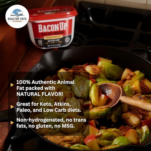 Image of Bacon Up Bacon Grease - 100% Authentic Animal Fat with No Seed Oils - Triple-Filtered & Non-Hydrogenated - 14 Ounce Tub; Pack of 2 with Spoon - for Frying, Cooking, Baking, Grilling, and Sauteing