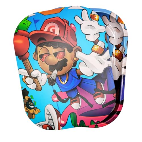 Rolling Tray with Magnetic Lid. 7 inch x 5.5 inch Rolling Tray with Printed Matching lid. This Decorative Metal Tin has a Smooth Custom Designed Metal Surface. Cool Cartoon Design.