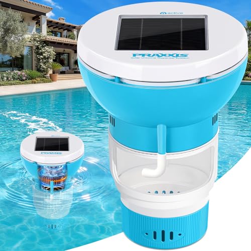 PRAXXIS Upgrade Chlorine Floater with Solar-powered Pump Forced Flow Solar Chlorine Floater with Uniform Distribution Moving Floating Chlorine Dispenser for Pool Adjustable Pool Chlorine Floater(Blue)