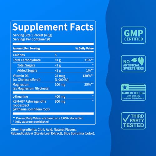 Image of Nello Supercalm Drink Mix with Magnesium Glycinate, KSM 66 Ashwagandha, Vitamin D3 and L Theanine, Calm Powder Supplements for Relaxation Support, No Sugar, Travel Packets, 20 Ct, Blue Coconut