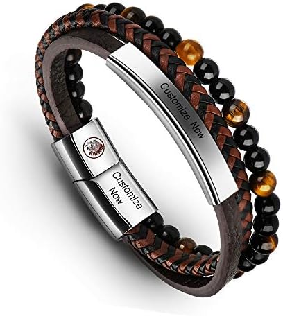 Mens Leather Bracelet – Classic Handmade Braided Black & Brown Cuff Bracelet with Engraved Magnetic Clasp Free Jewelry Gift Boxed