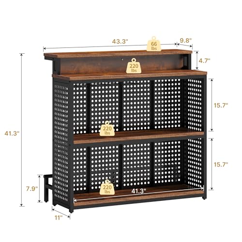 DWVO LED Mini Home Bar Unit with Music Sensing Light, Liquor Wine Cabinet with Storage, Bar Table Top Alcohol Storage Shelf Glasses Rack Footrest for Kitchen Pub Living Room, Rustic Brown
