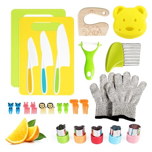 26 Pcs Kids Knife Set, Montessori Kitchen Tools for Toddlers' Real Cooking, BPA Free Knife Set Includes Crinkle Cutters Kid Safe Knives Cutting Board Peeler, Kitchen Tools for 4+ Year Old Girl Boy