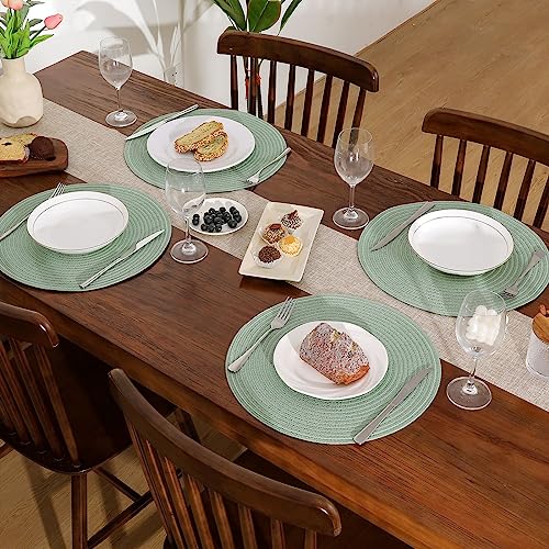 Image of SHACOS Round Placemats Set of 6 Washable 15 inch Cotton Polyester Table Mats Woven Braided Place Mats for Dining Table, Sage Green