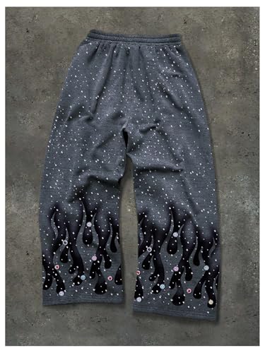 Men's Rhinestone Baggy Sweatpants Y2K Wide Leg Pants Drawstring Waist Loose Trousers2