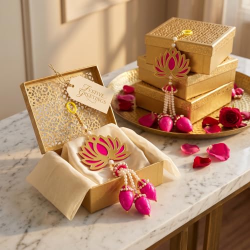 Image of JH Gallery Pearl Bead Lotus - Ganesh Chaturthi Decoration Items for Home, Handmade Ganpati Makhar & Mandap Backdrop, Temple & Wall Hanging Decor (16 Inch, Pack of 5)