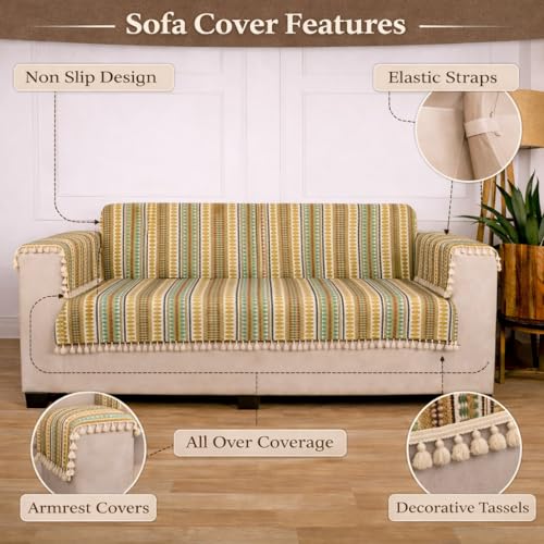 Image of Gifts Island 2 Seater Cotton Sofa Cover Mat | Anti Slip Sofa Cover Throw | All Over Furniture Protector with Elastic Straps | Washable Couch Cover for Living Room (Brown, 2 Seater)