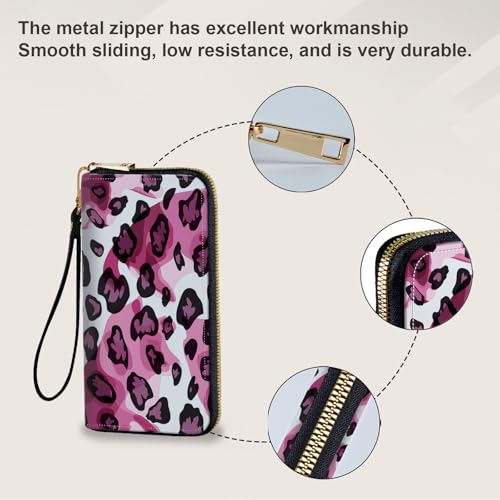 Long Wallet for Women, PU Leather Wristlet Wallets, Pink Leopard Print Credit Card Holder for Women, Convenient Travel Wallet with Wrist strap and Pink Mirror, Fashion and Sturdy Wallet.4