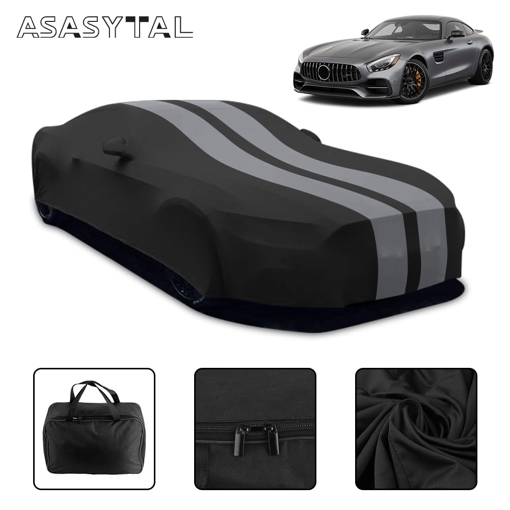 Interno Copertura per Auto Sportive, con Cappuccio Pieno Protezione, Tessuto Elastico in Velluto Morbido, Traspiranti per il Garage/Auto Show/Mostra, L4.5~4.85m, Stried Grigio+Nero