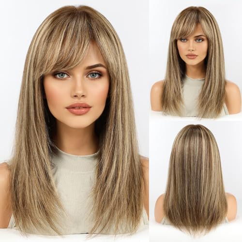 Image of KKU 16 Inch Brown Mixed Blonde Human Hair Wigs for Women, Straight Human Hair Wig with Bangs,Remy Human Hair Wigs,Daily Wig