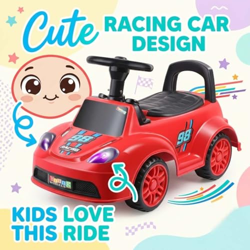 Image of Baby Kids Ride On Red Car for Toddlers with Steering Wheel & Backrest | Foot to Floor Baby Push Car | Indoor Outdoor | Strong Wheels & Comfortable Seat | Racing Design for Boys & Girls (1-3 Years)