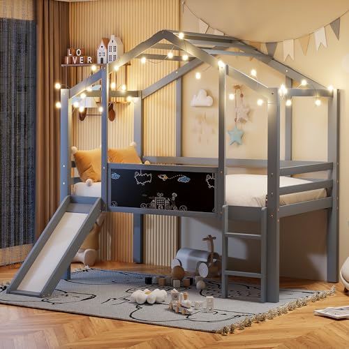 Merax Kinderbett 90×200 cm, Hochbett aus Massivholz, im Haus-Design mit Rutsche, Graffiti-Tafel, Multifunktionsbett, Einzelbett, platzsparendes Spielbett für Kinderzimmer, Grau (ohne Matratze)