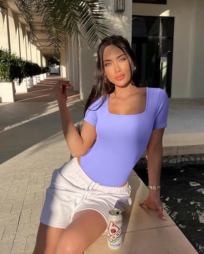 Image of OQQ Women's 2 Piece Bodysuits Sexy Ribbed One Piece Square Neck Short Sleeve Bodysuits