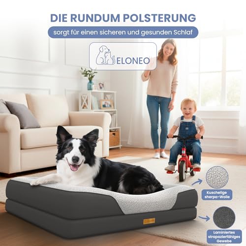 ELONEO orthopädisches Hundebett mittelgroße Hunde - 90x68x18cm, Hundekorb mit Memory Foam, Hundematte wasserdicht und waschbar, Hundekissen, Hundematratze mit weicher Polsterung, grau