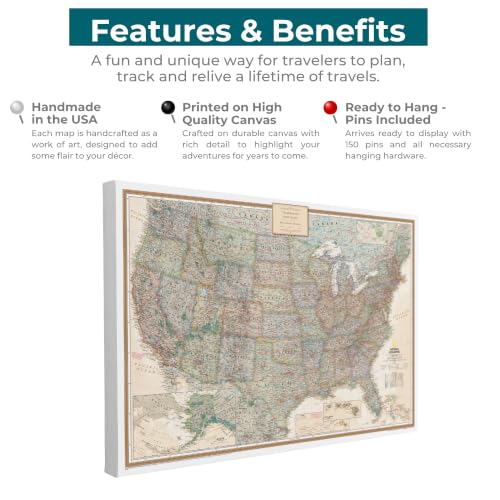 Image of Executive USA Push Pin Map - Detailed National Geographic Travel Tracker - Modern Frameless Canvas Wall Art- Gallery Wrap - 24 inch x 36 inch