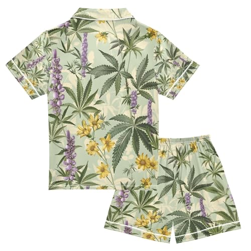 senya Retro Plant Patterns Satin Summer Pajama Sets Silk Short Sleeve Button Down Sleepwear2