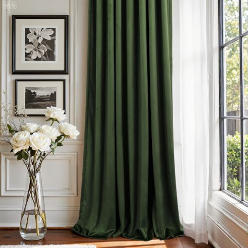 Image of Olive Green Velvet Back Tab Curtains 90 Inches Long 2 Panel for Living Dining Room Rustic Neutral Cottagecore Elegant Heavy Drape Decorative Moss Green Curtain for Bedroom Movie Theater French Country