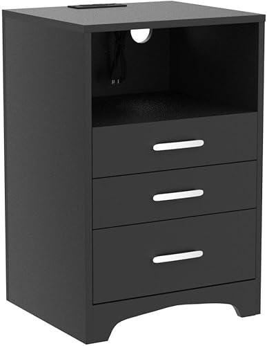 Miniatura 4 de Black Nightstand Set of 2, 3 Drawer Nightstand with Charging Station Side Table with Open Storage Bedside End Table NightStands Storage Cabinet for