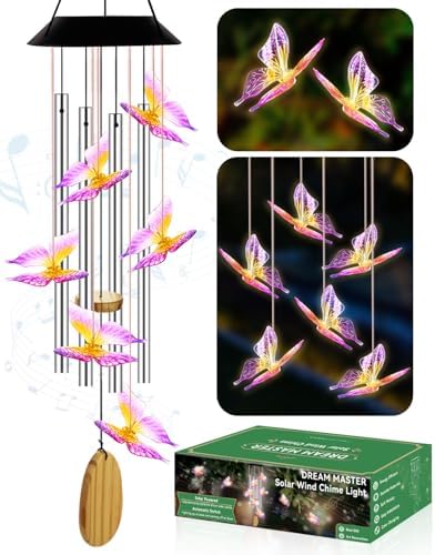 Mothers Day Mom Gifts, Solar Wind Chimes for Outside, Gifts for Mom Grandma Wife, Solar Butterfly Light Outdoor Hanging for Yard Garden Decoration, Automatic Color Changing, Butterfly Purple