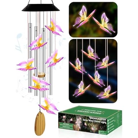 Solar Wind Chimes for Outside, Birthday Gifts for Grandma Mom Wife, Solar Hummingbird Light Outdoor Hanging for Yard Garden Decoration, Automatic Color Changing, Butterfly Purple Cover