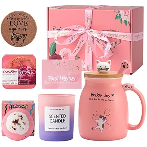 Unique present Basket for Woman - 16 oz Cute Cat Mug with Essential Oil Soap and Bath Bomb and Scented Candle - Best Birthday present Box, Anniversary, Wedding, Valentine, Christmas, Mother's Day Cover
