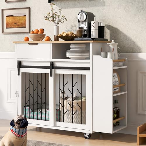 2 in 1 Modern Dog Crate Kitchen Island with Storage for Small-Sized Dogs up to 40lbs, 33.8
