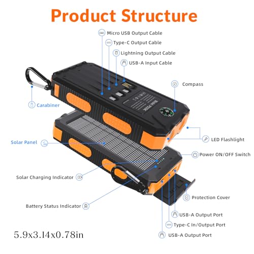 Image of Solar Power Bank 20,000mAh, Portable Phone Charger, 4 Cables Outdoor Waterproof External Backup Power Charger with USB-C for Cell Phones, Solar Battery Pack with Dual Flashlight for Camping