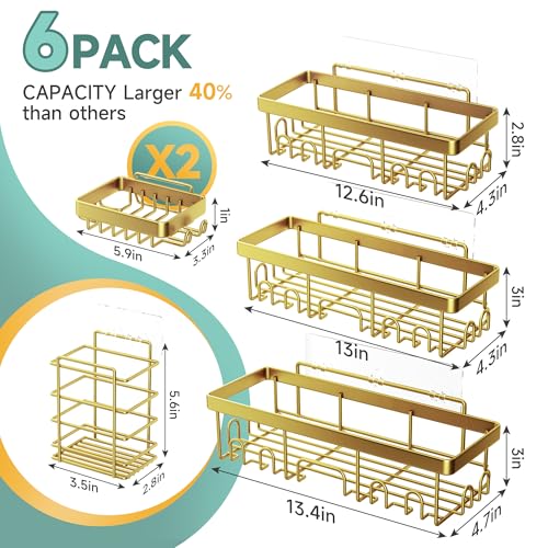 Veken Adhesive Shower Caddy 6-Pack,Gifts for Women Mom,Heavy Weight Bearing,Large Wall Mounted Bathroom Shelves Rack,Organizer Storage Accessories with Soap Dish&Toothbrush Holder,Bright Gold