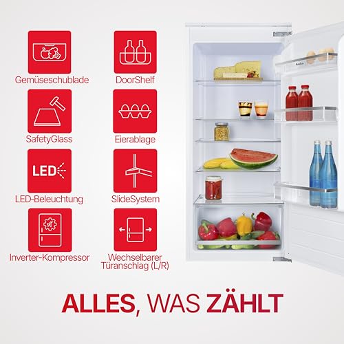 Amica Einbau‑Vollraum‑Kühlschrank Schlepptür‑Technik 1220 mm Nische elektronische Steuerung Inverter‑Motor LED‑Beleuchtung 54 x 122,1 x 54 cm – Einbaukuehlschrank