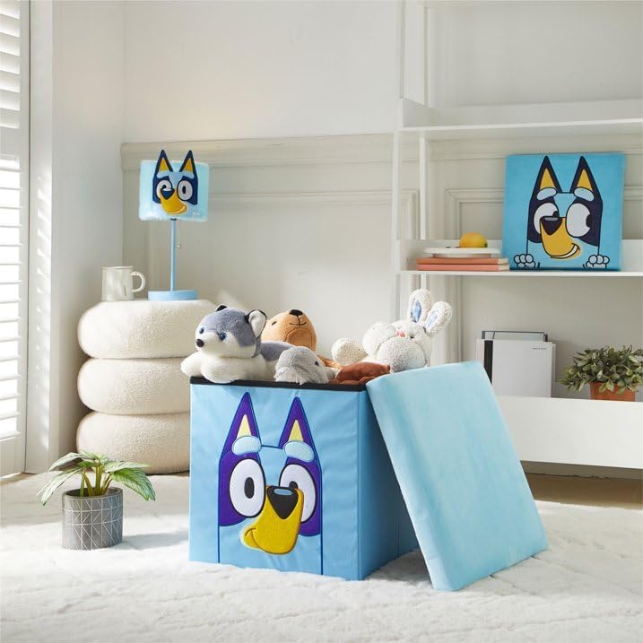 Bluey Collapsible Storage Ottoman Cube with Lid, Blue Plush Seat Storage Box Organizer for Kids Bedroom, Playroom, Closet & Living Room,15"x15"