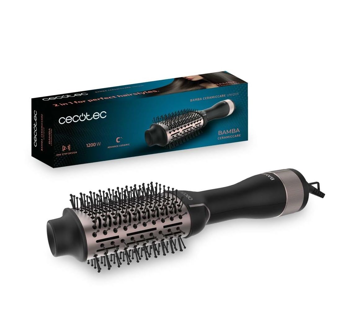 Cecotec Cepillo de Aire Voluminizador Bamba CeramicCare Unique. 1200 W Potencia, 2 en 1: Secador y Moldeador, Revestimiento Cerámico, 2 Velocidades y 3 Temperaturas, Función Aire Frío