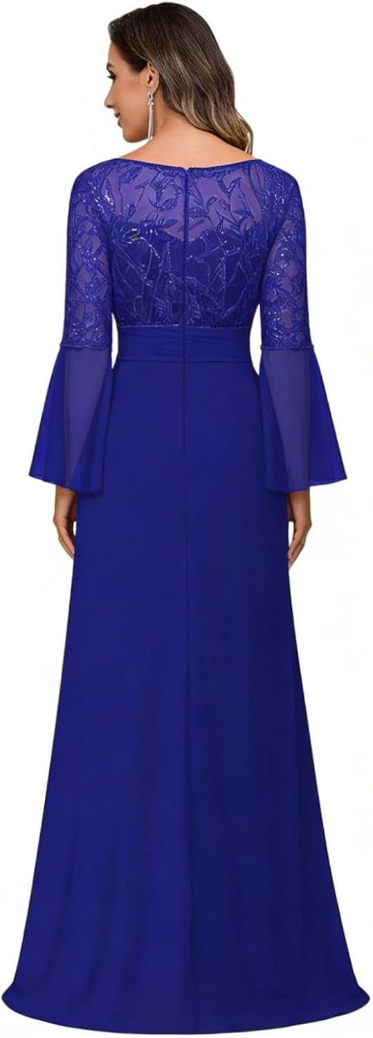 Women's Flared Sleeves Mother of The Bride Groom Dres Lace Applique Chiffon Formal Evening Gown