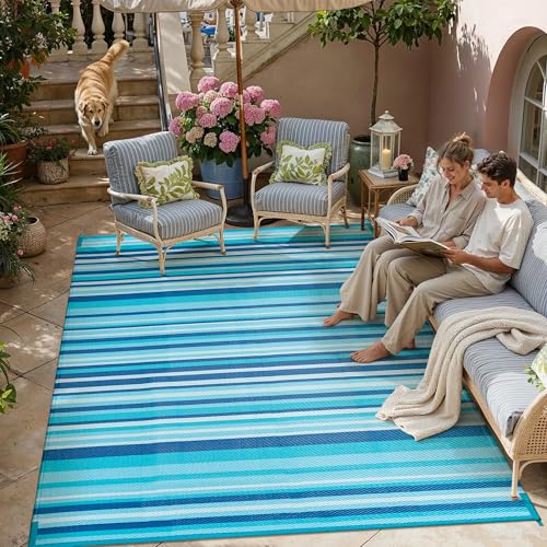 Outdoor Plastic Straw Rug Waterproof Patio 10x14 Blue Teal Stripe Mat for Porch Camping RV Balcony Deck Courtyard Reversible Lightweight Durable Portable Carpet 10' x 14' (Rectangular) Strip