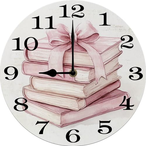 Vdenvileye Pink Bow And Book Wall Clock 10 Inch Silent Non-Ticking Home Kitchen Decor,Battery Operated for Bathroom Bedroom Living Room Office