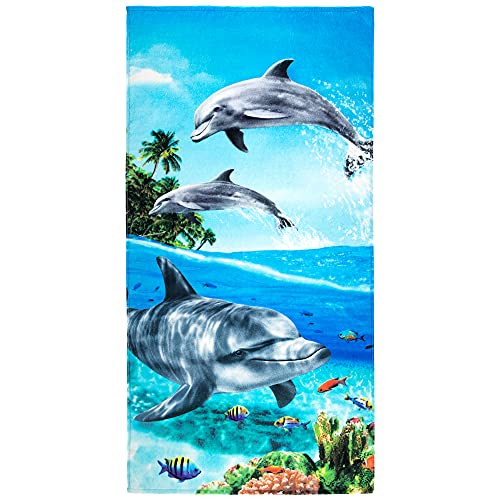 Beachland Paradise Dolphins - Toalla de Playa (76,2 x 152,4 cm, 100% algodón), diseño de delfín (76,2 x 152,4 cm), Color Azul