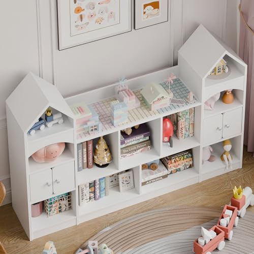 Image of Vabches Castle Shape Children's Bookshelf, Kids Toy Storage Organizer Kids Bookcase Display Case Multifunctional Storage Cabinet Bookshelf Suitable for Playroom, Living Room, Children's Room, White