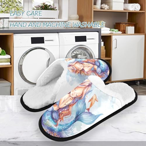Mermaid Watercolor Plush Slippers for Women Men Warm Comfortable Travel Spa Slipper Non-slip House Shoes3