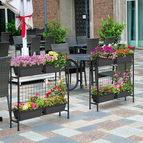 Image of OYEAL Raised Garden Beds Outdoor with Legs 32 inch Tall Herb Garden Planters Box Raised Flower Beds for Gardening, Vertical Privacy Planter with Trellis for Patio, Porch, Backyard, Balcony, Grey