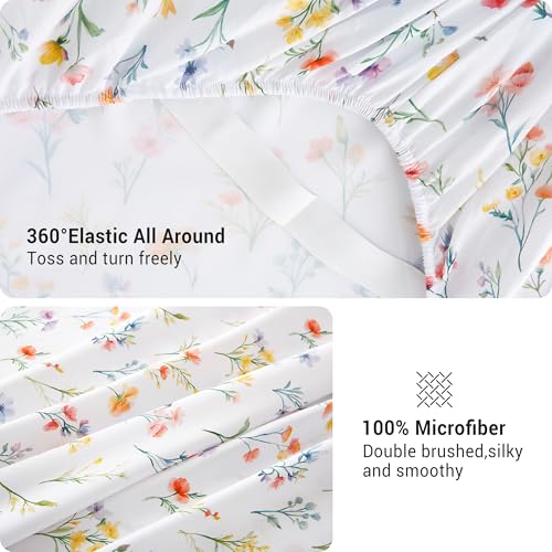 Image of Viviland Floral King Sheet Set - 4 Piece Vintage Botanical Flower and Leaves Patterned Bed Sheets - Soft, Breathable Microfiber Sheets with Deep Pocket, Non-Slip Fitted Sheets & Pillowcases