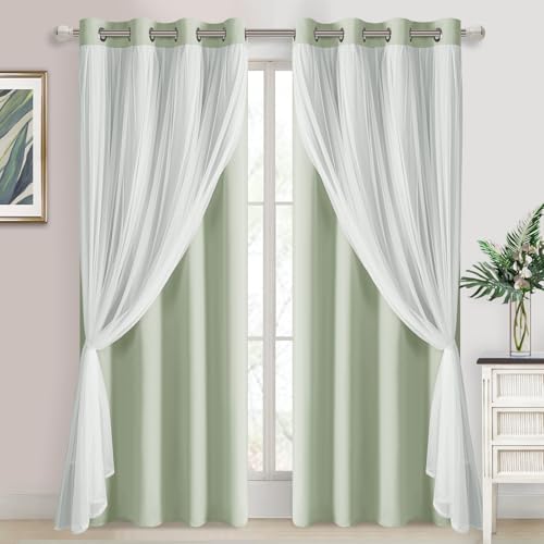 Image of DWCN Green Blackout Curtains with Sheer Overlay with Tiebacks 84 Inch Long